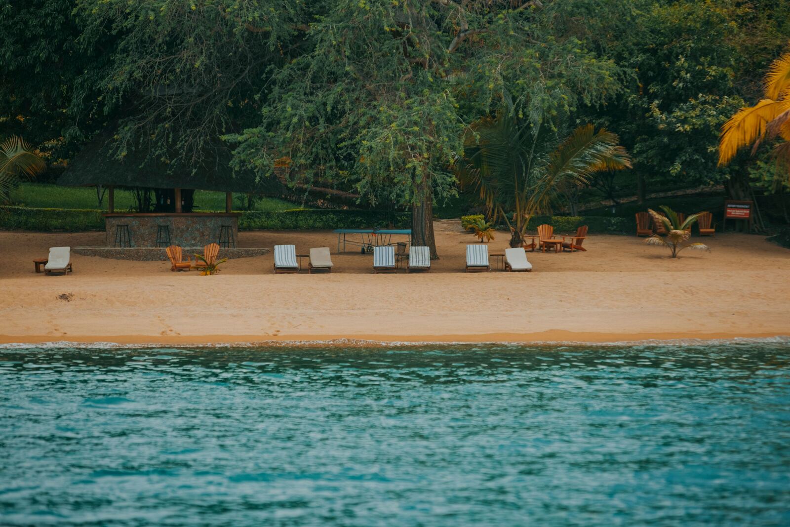 Empty lounge chairs on a tranquil private-island beach at sunrise